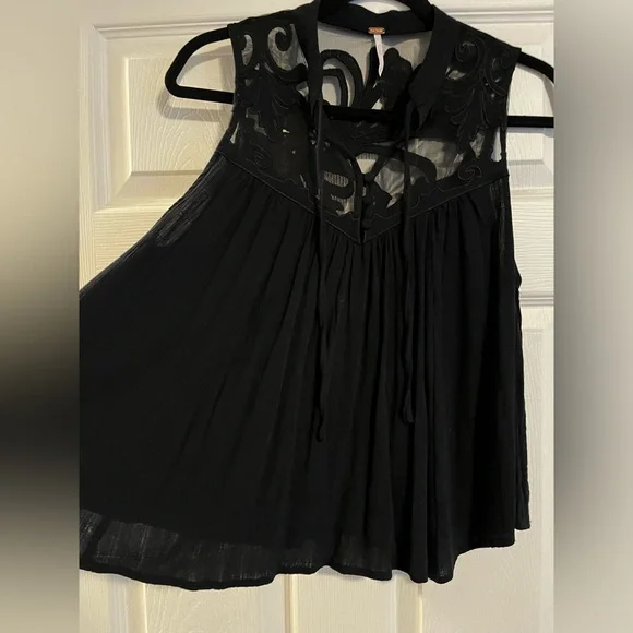 Free People Black Sheer Embroidered Tie-Neck Top - Picture 3 of 4